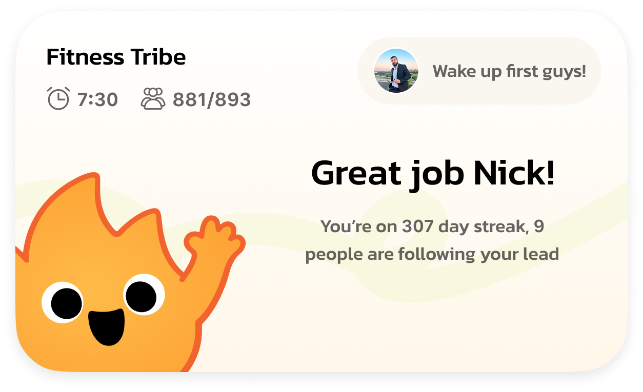 Fitness Tribe group component with the mascot cheering a member on