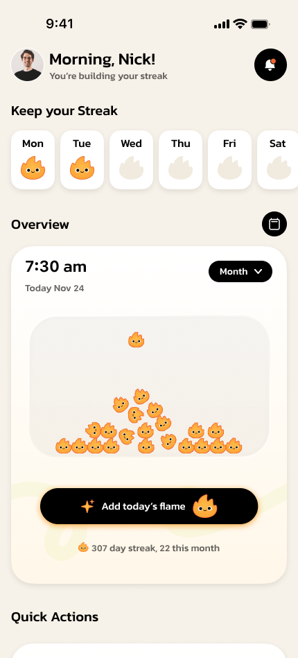 Rise Streak home screen showing the weekly streak row and today's flame count