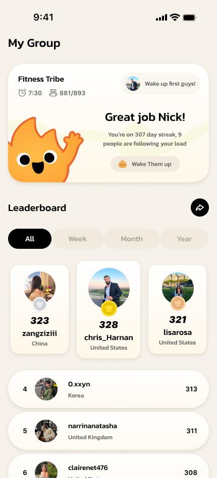 Rise Streak group screen showing the leaderboard and members' progress