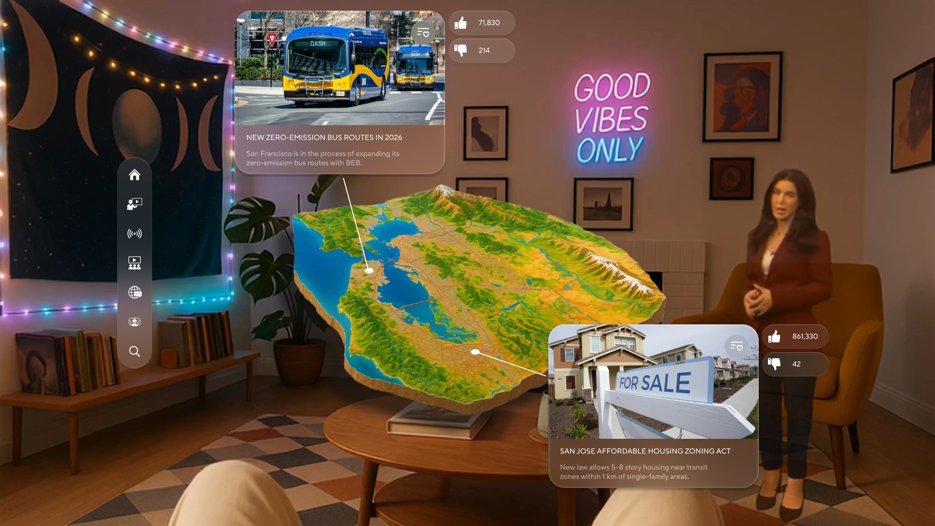 A living room where a 3D terrain map of the Bay Area floats above the coffee table, surrounded by news cards and a virtual anchor