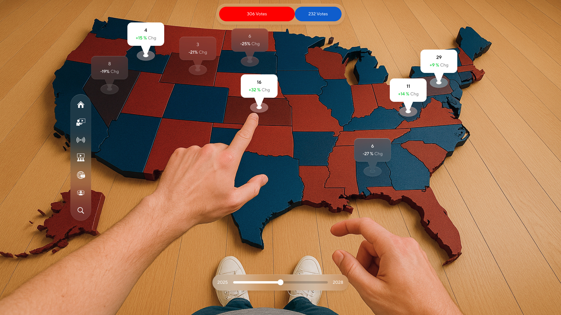 An election map spread across the floor, the viewer reaching in to touch a state while a timeline slider runs from 2025 to 2028