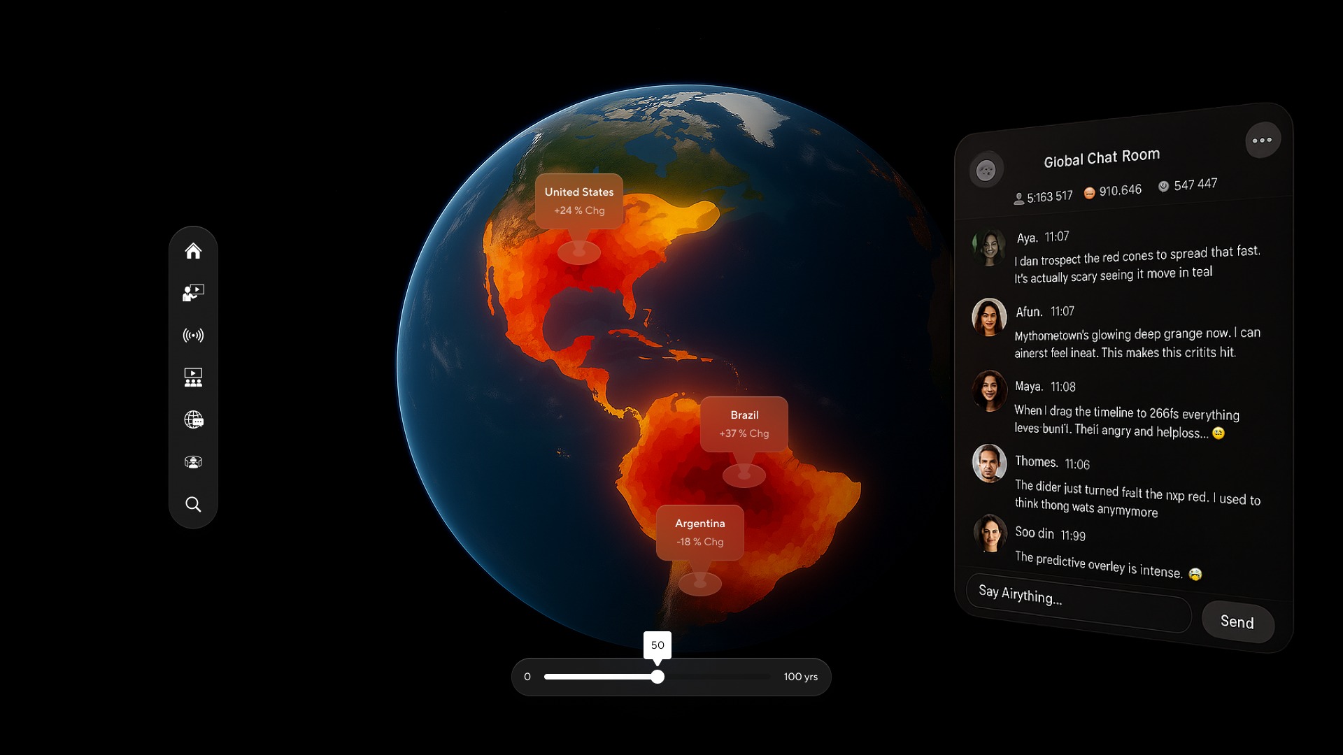 A globe showing heat data beside a live global chat room, with a slider running from 0 to 100 years