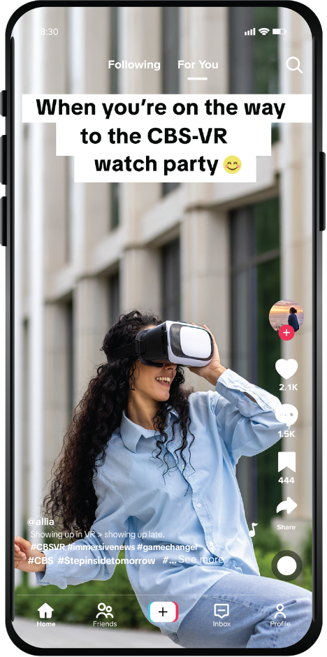 A TikTok post captioned When you&rsquo;re on the way to the CBS-VR watch party, showing someone laughing in a headset on the street