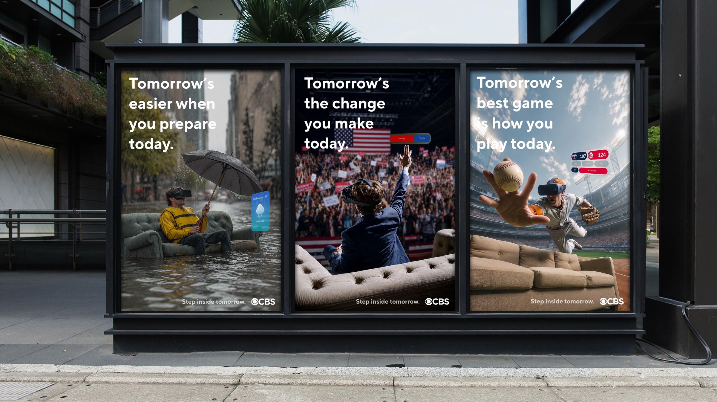 A three panel bus shelter light box: Tomorrow&rsquo;s easier when you prepare today, Tomorrow&rsquo;s the change you make today, Tomorrow&rsquo;s best game is how you play today, each signed Step inside tomorrow with the CBS mark