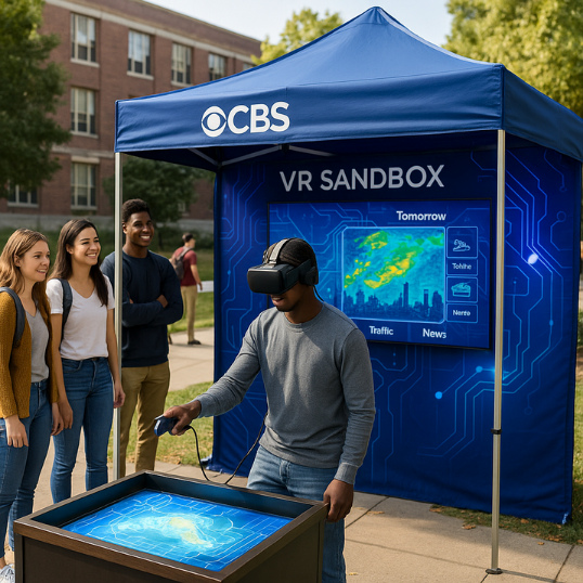 A CBS branded pop-up tent on a campus lawn where a visitor in a headset works over a lit sandbox table while others wait their turn