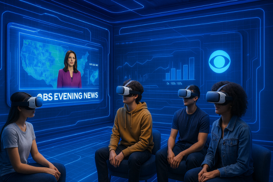 Four people in headsets seated inside a blue virtual newsroom, facing a CBS Evening News broadcast on the wall