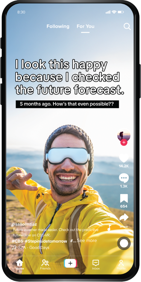 A TikTok post captioned I look this happy because I checked the future forecast, five months ago, showing a hiker in a yellow jacket wearing a headset